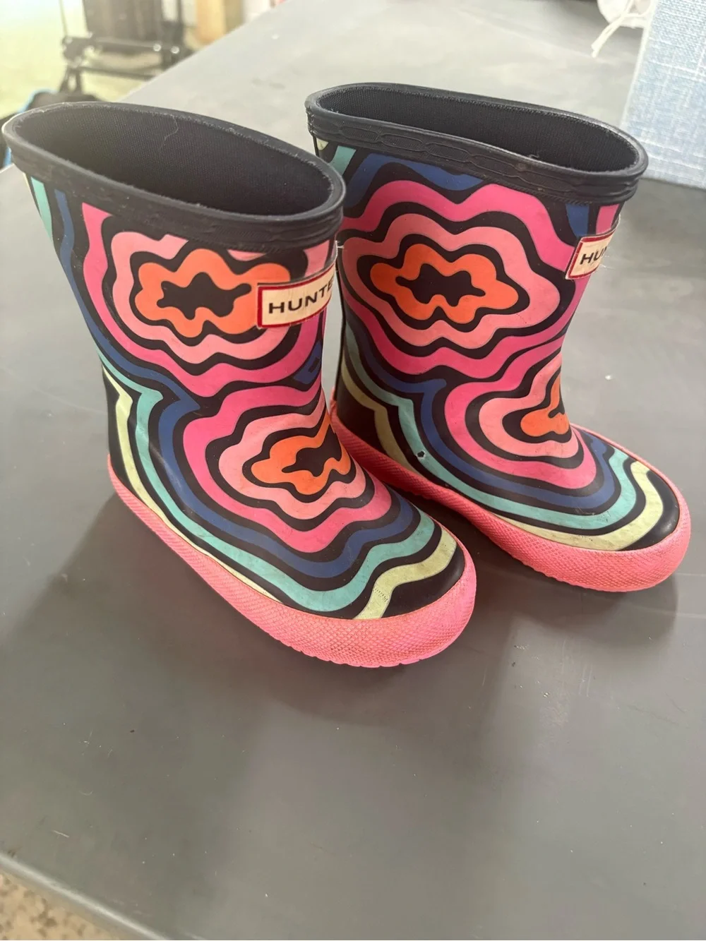 Hunter Kids Navy Multicolor Swirl Rain Boots with Pink Sole Uk 5